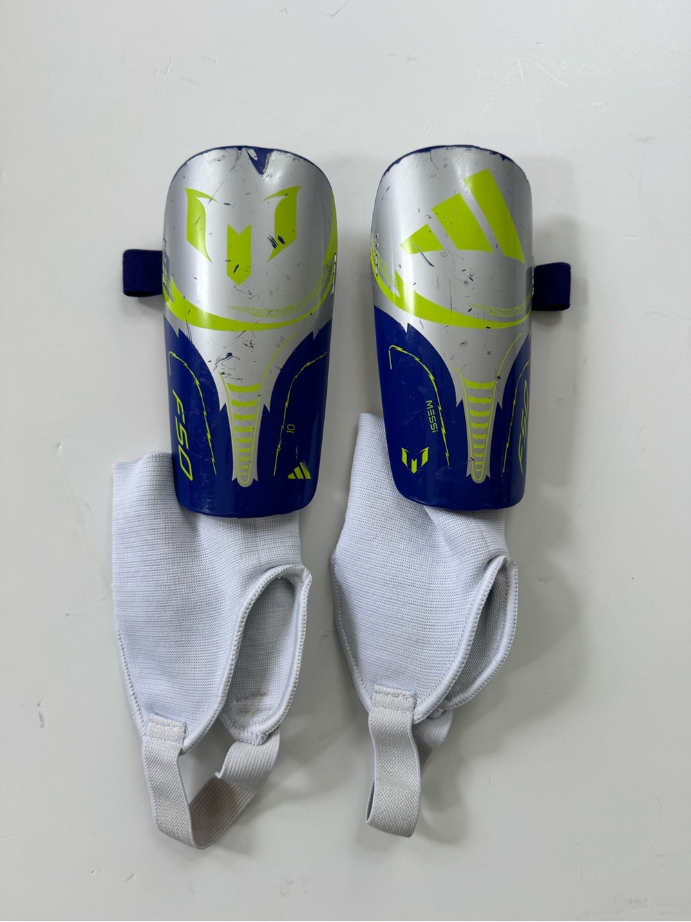 adidas Messi Youth Shin Guards in Silver, Blue & Neon Yellow